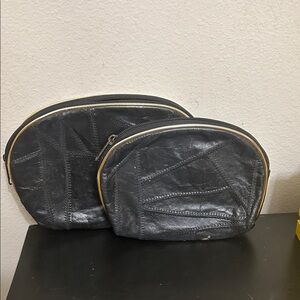 Stylish Black Leather Cosmetic Bag Set